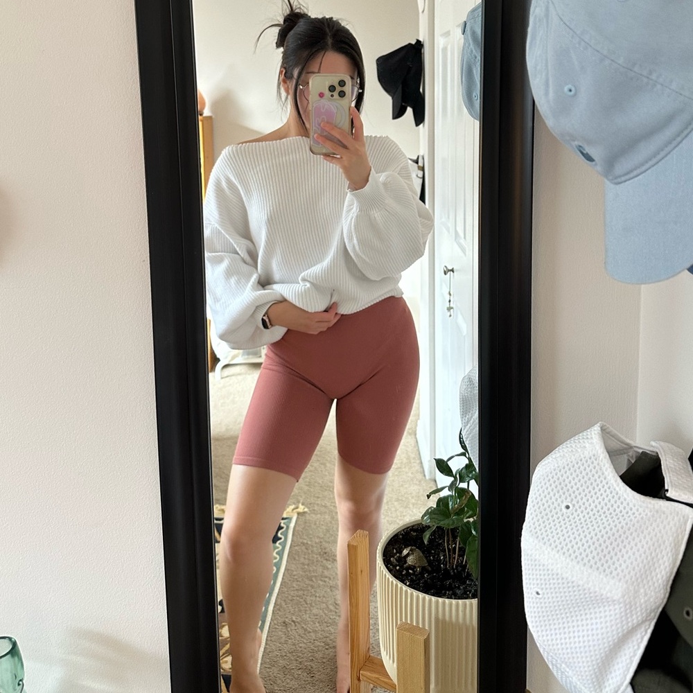 Workhall Dusty Rose Ribbed High Waisted Biker Shorts